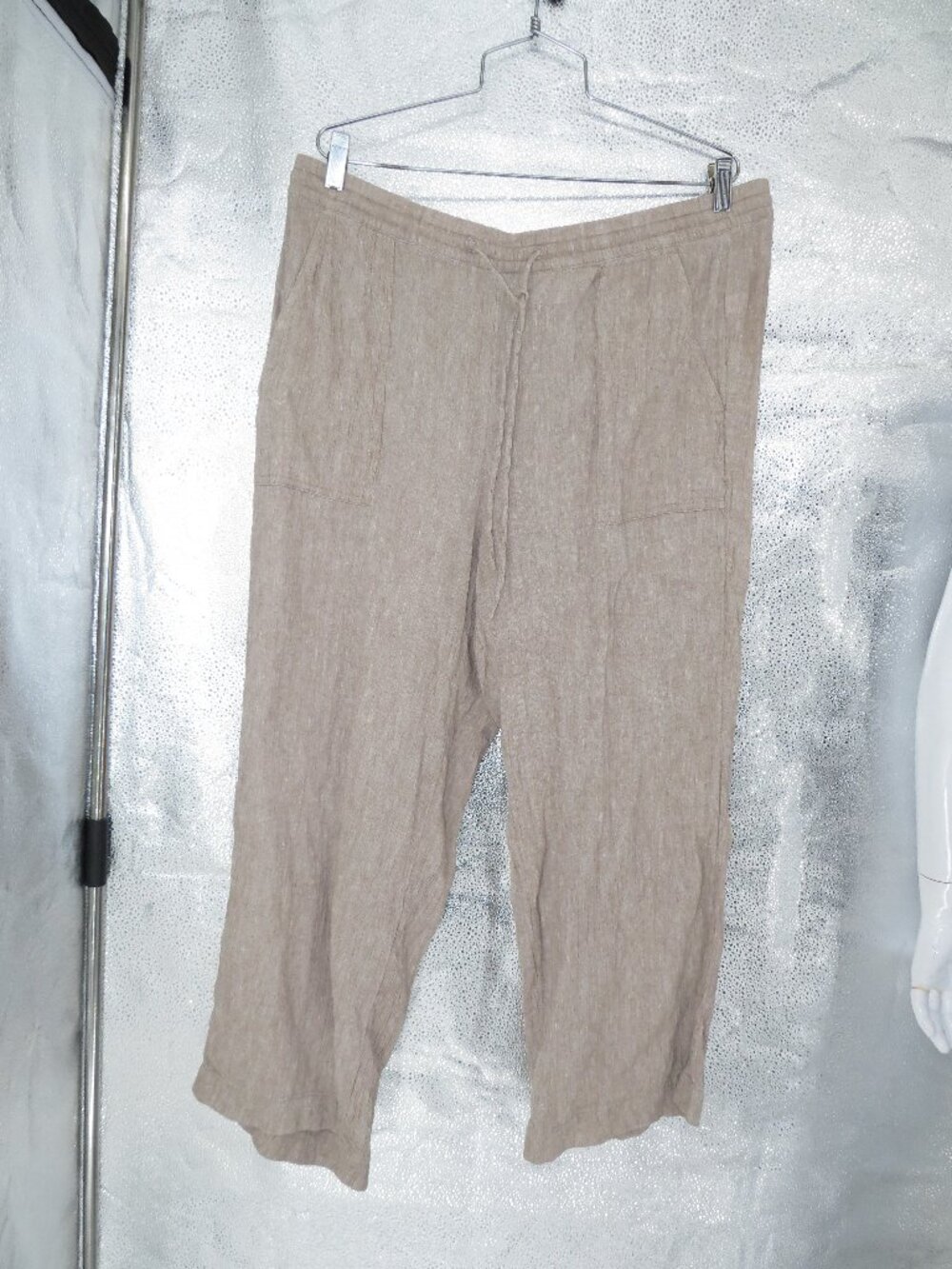 Pure Jill Linen Cotton Pants Beige Tan Sz L Drawstring Wide Leg High Rise Relax